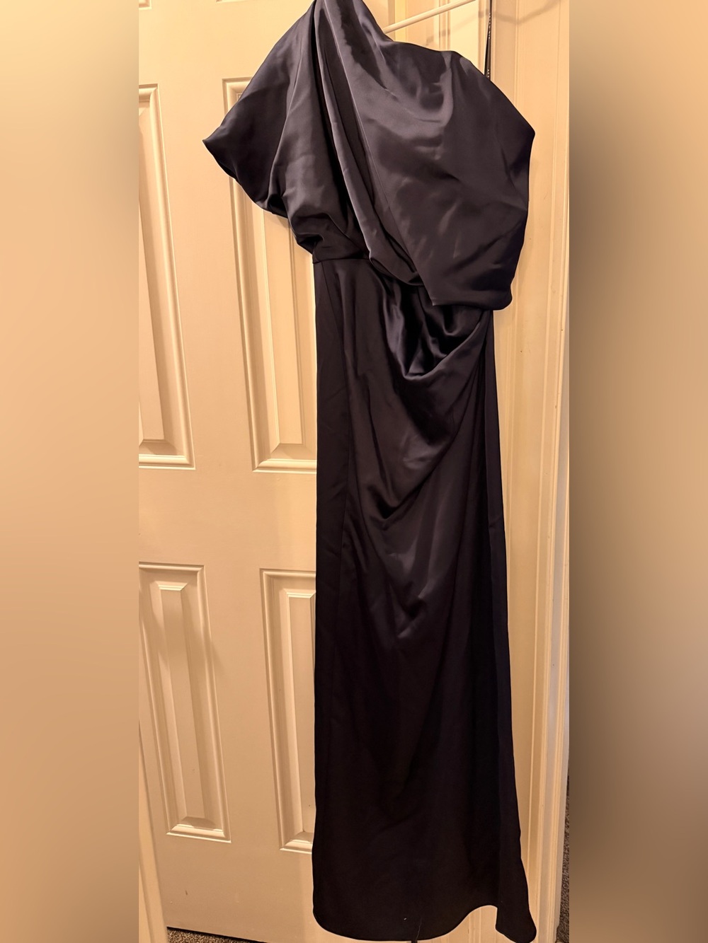 Asymmetric One-Shoulder Navy Satin Maxi Dress